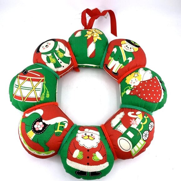 Christmas Puffy Wreath Fabric 13" Red Yellow Green Vintage Snowman Angel Santa - Picture 1 of 6